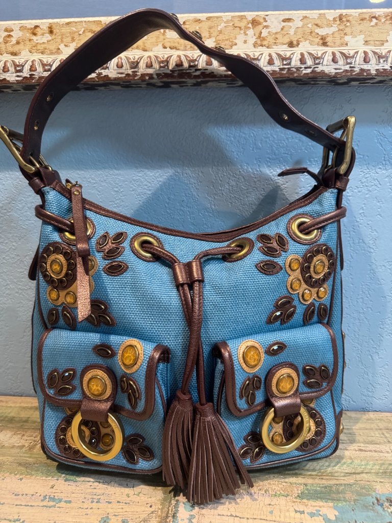 Euc Isabella Fiore "Set In Stone" Blue Medium Bag With Gold Rhinestone Details